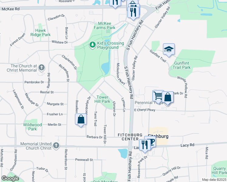 map of restaurants, bars, coffee shops, grocery stores, and more near 2799 Lyman Lane in Fitchburg