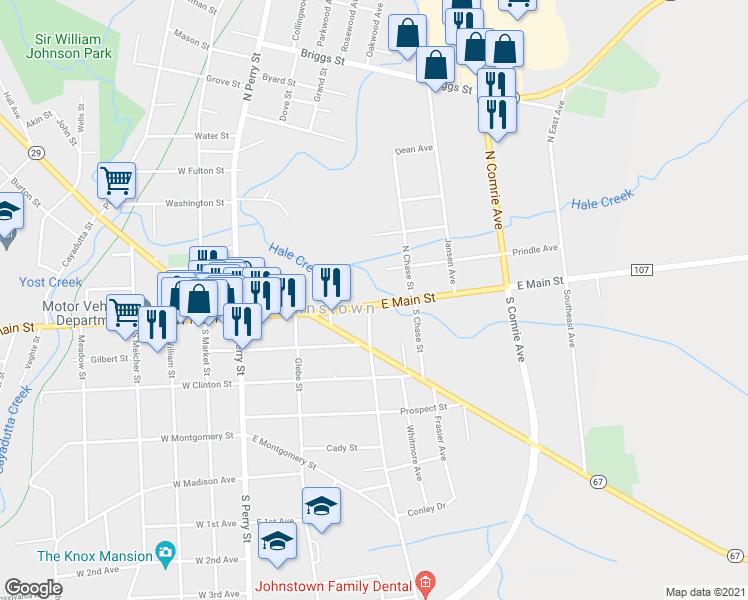 map of restaurants, bars, coffee shops, grocery stores, and more near 99 East Main Street in Johnstown