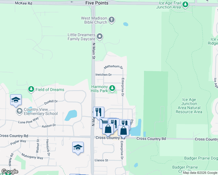 map of restaurants, bars, coffee shops, grocery stores, and more near 420 Lucerne Drive in Verona