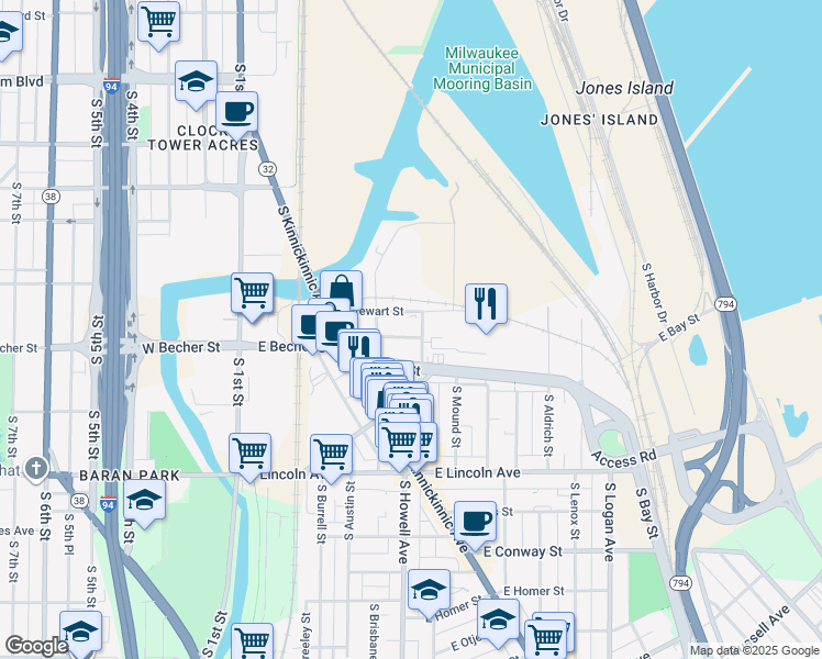 map of restaurants, bars, coffee shops, grocery stores, and more near 2059 South Allis Street in Milwaukee