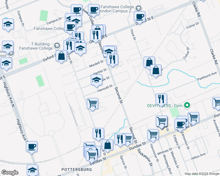 map of restaurants, bars, coffee shops, grocery stores, and more near 1597 Hansuld Street in London