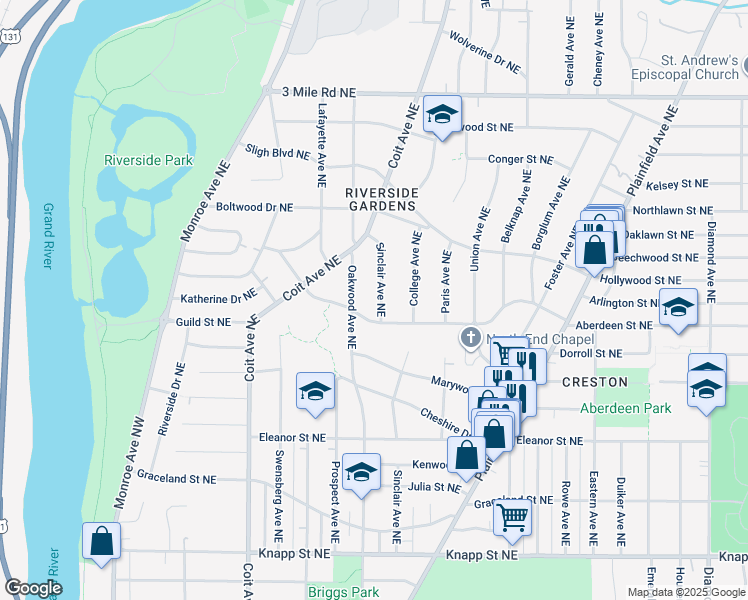 map of restaurants, bars, coffee shops, grocery stores, and more near 419 Comstock Boulevard Northeast in Grand Rapids