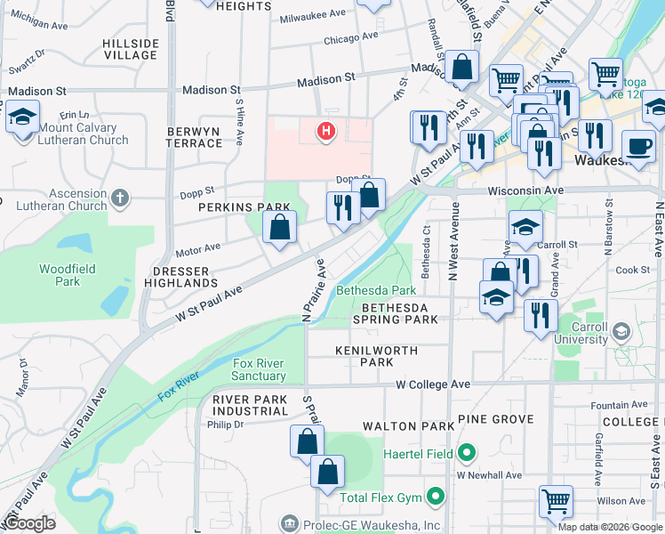 map of restaurants, bars, coffee shops, grocery stores, and more near 810 Riverwalk Drive in Waukesha