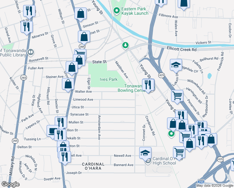 map of restaurants, bars, coffee shops, grocery stores, and more near 173 Linwood Avenue in Tonawanda