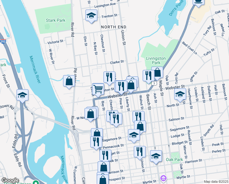 map of restaurants, bars, coffee shops, grocery stores, and more near 50 Webster Street in Manchester