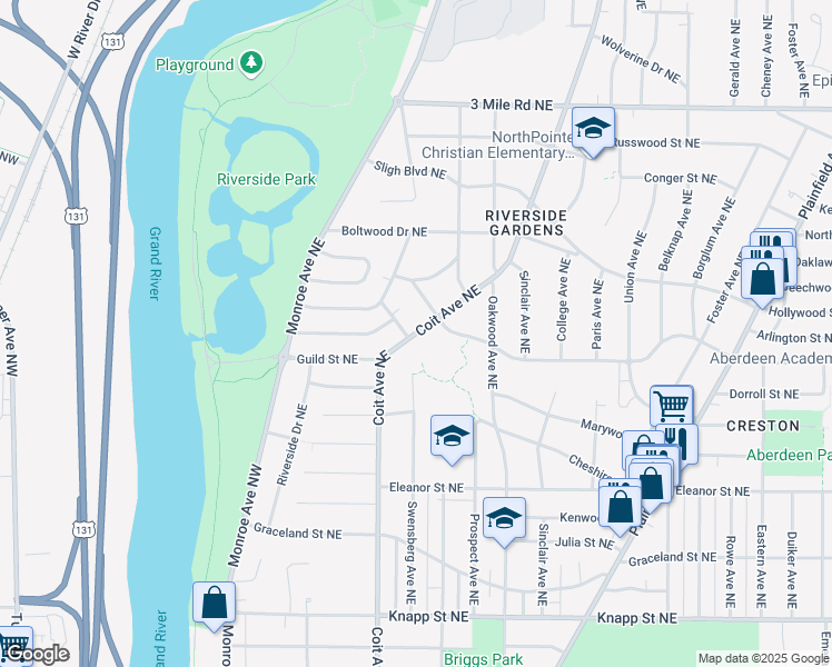 map of restaurants, bars, coffee shops, grocery stores, and more near 2420 Coit Avenue Northeast in Grand Rapids