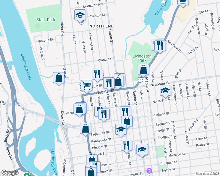 map of restaurants, bars, coffee shops, grocery stores, and more near 75 Webster Street in Manchester