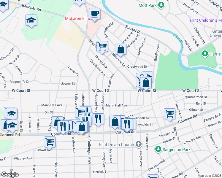map of restaurants, bars, coffee shops, grocery stores, and more near 911 Mann Avenue in Flint