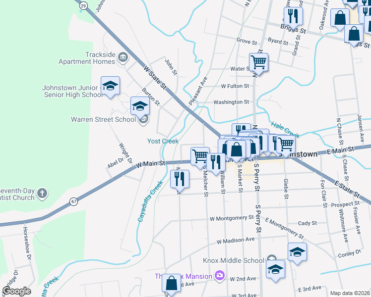 map of restaurants, bars, coffee shops, grocery stores, and more near 321 West Main Street in Johnstown