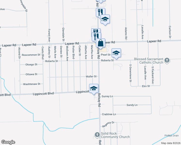 map of restaurants, bars, coffee shops, grocery stores, and more near 1458 Martha Avenue in Burton