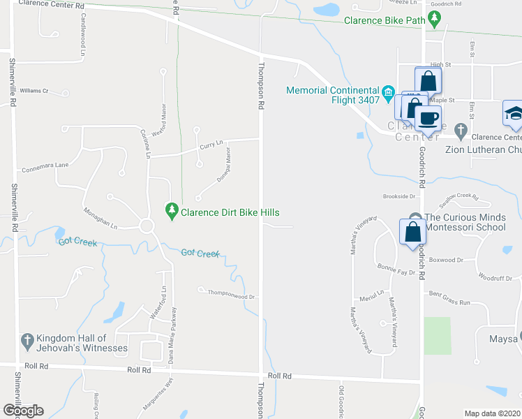 map of restaurants, bars, coffee shops, grocery stores, and more near 5955 Thompson Road in Clarence Center