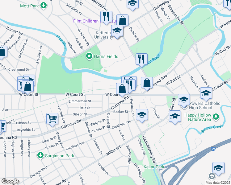 map of restaurants, bars, coffee shops, grocery stores, and more near 2011 West Court Street in Flint