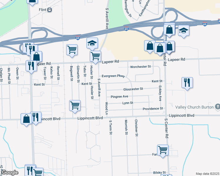 map of restaurants, bars, coffee shops, grocery stores, and more near 1927 Wood Lane in Flint