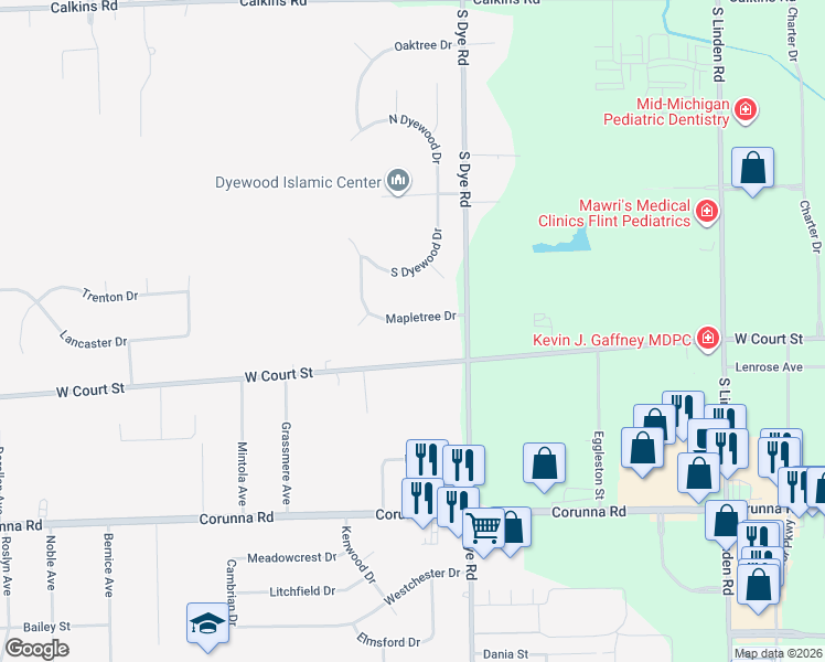 map of restaurants, bars, coffee shops, grocery stores, and more near 5328 West Court Street in Flint