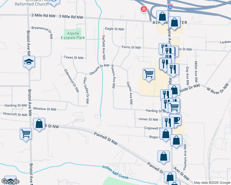 map of restaurants, bars, coffee shops, grocery stores, and more near 2336 Powers Avenue Northwest in Walker
