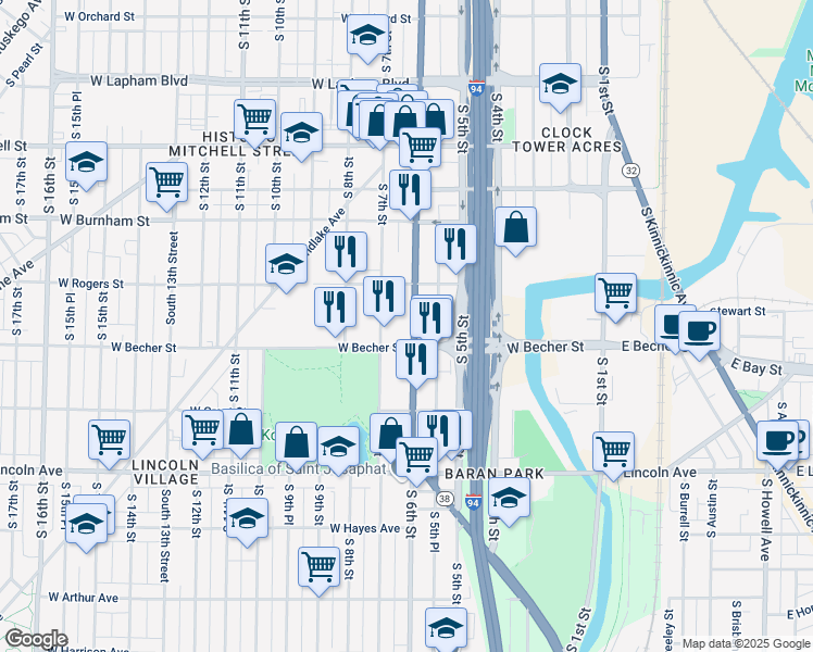 map of restaurants, bars, coffee shops, grocery stores, and more near 622 West Becher Street in Milwaukee