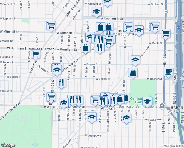 map of restaurants, bars, coffee shops, grocery stores, and more near 2101-2103 South 15th Street in Milwaukee