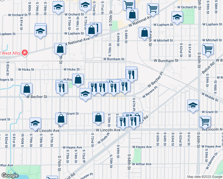 map of restaurants, bars, coffee shops, grocery stores, and more near 7006 West Becher Street in West Allis