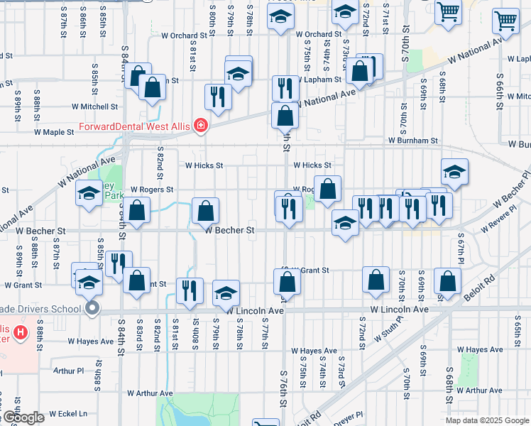 map of restaurants, bars, coffee shops, grocery stores, and more near 2076 South 77th Street in West Allis