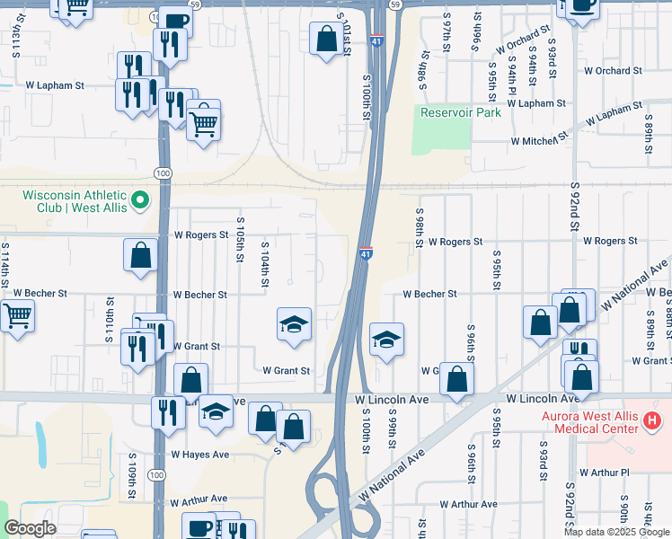 map of restaurants, bars, coffee shops, grocery stores, and more near 2054 South 102nd Street in West Allis