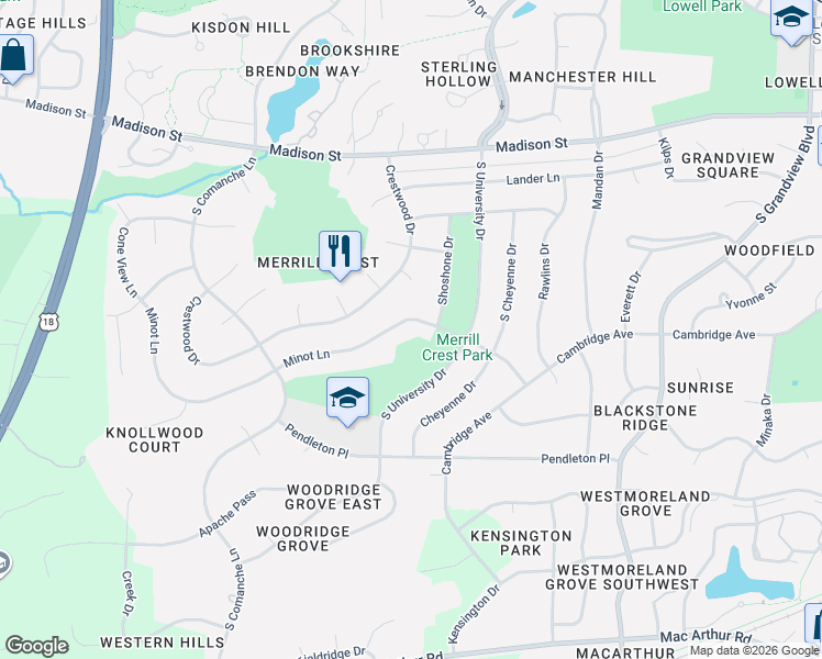 map of restaurants, bars, coffee shops, grocery stores, and more near 616 South University Drive in Waukesha