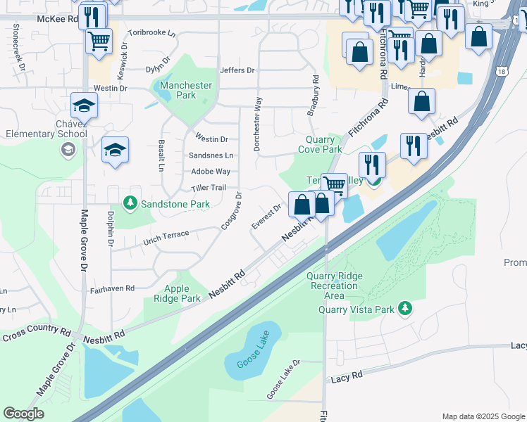 map of restaurants, bars, coffee shops, grocery stores, and more near 6391 Everest Drive in Madison