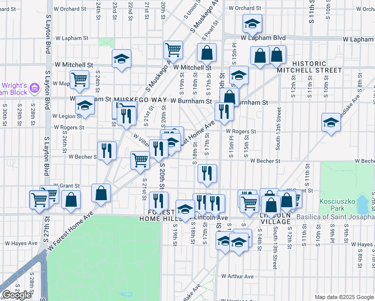 map of restaurants, bars, coffee shops, grocery stores, and more near 1800 West Becher Street in Milwaukee