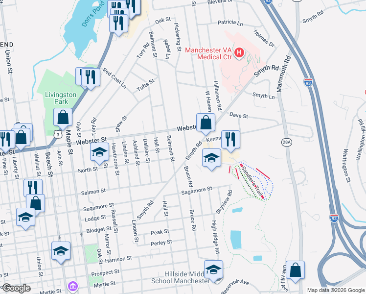 map of restaurants, bars, coffee shops, grocery stores, and more near 1249 Belmont Street in Manchester