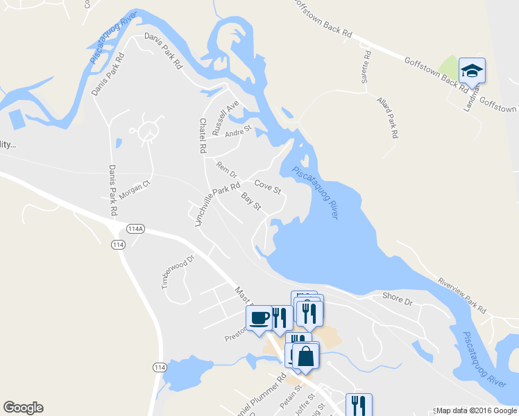 map of restaurants, bars, coffee shops, grocery stores, and more near 16 Bay Street in Goffstown
