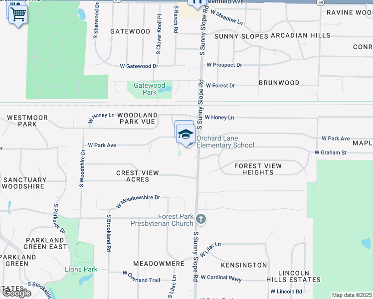 map of restaurants, bars, coffee shops, grocery stores, and more near 2015 South Sunnyslope Road in New Berlin