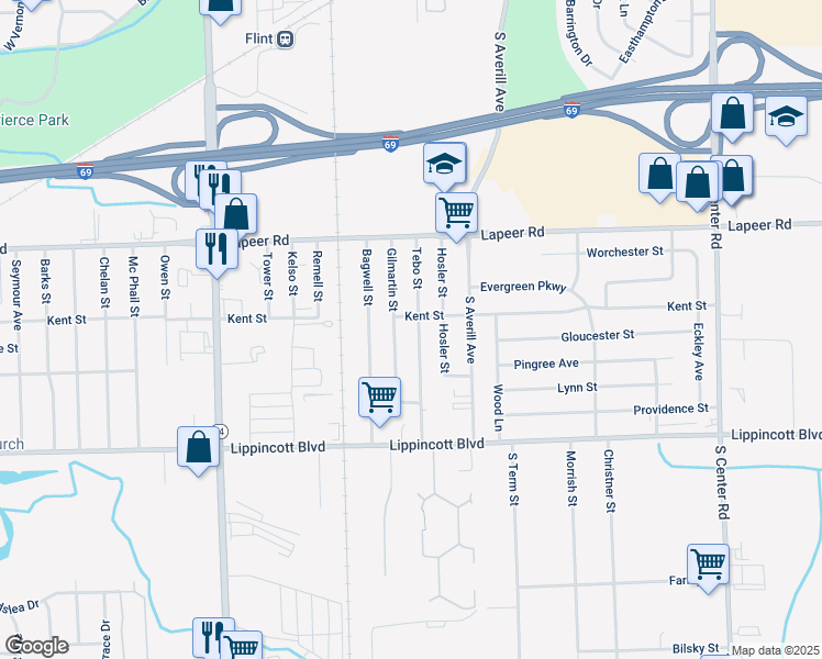 map of restaurants, bars, coffee shops, grocery stores, and more near 1933 Tebo Street in Flint