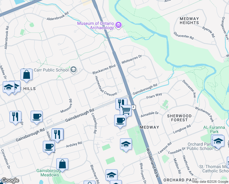 map of restaurants, bars, coffee shops, grocery stores, and more near 237 Homestead Crescent in London