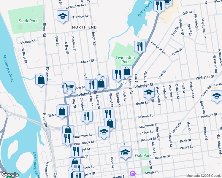 map of restaurants, bars, coffee shops, grocery stores, and more near 369 Walnut Street in Manchester