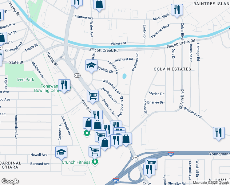 map of restaurants, bars, coffee shops, grocery stores, and more near 59 Harvington Road in Tonawanda
