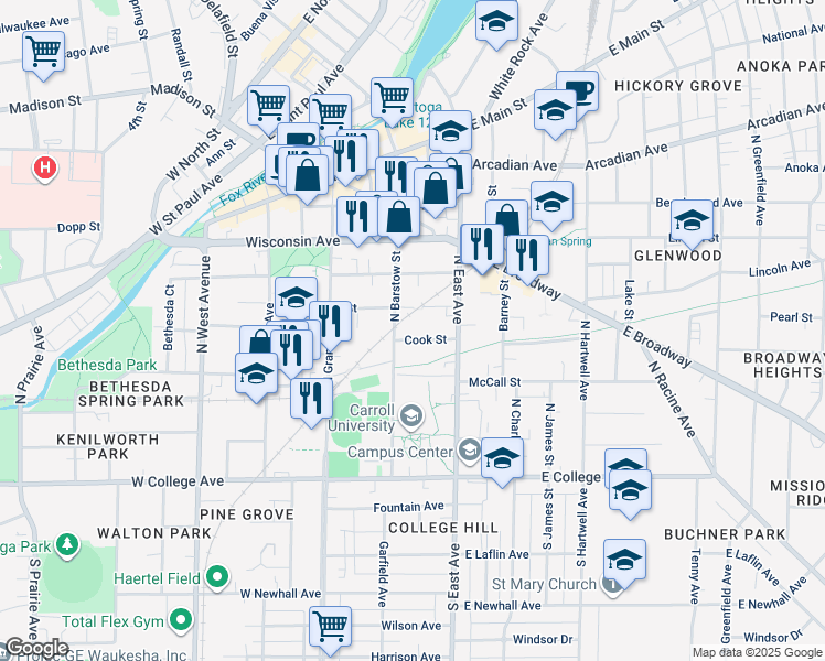 map of restaurants, bars, coffee shops, grocery stores, and more near 141 Cook Street in Waukesha