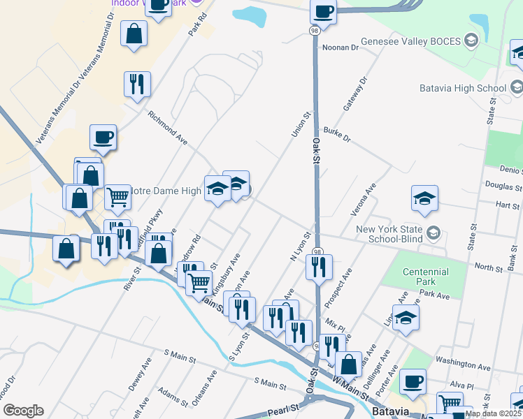 map of restaurants, bars, coffee shops, grocery stores, and more near 80 Union Street in Batavia