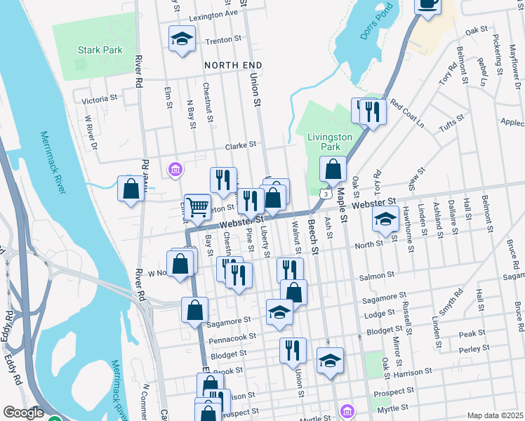 map of restaurants, bars, coffee shops, grocery stores, and more near 75 Webster Street in Manchester