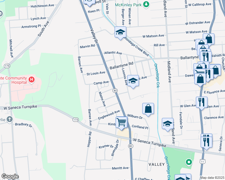 map of restaurants, bars, coffee shops, grocery stores, and more near in Syracuse