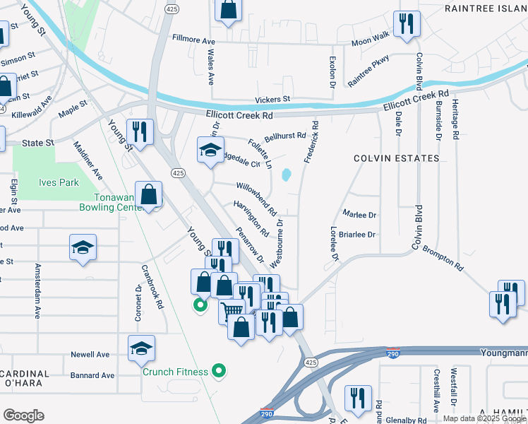 map of restaurants, bars, coffee shops, grocery stores, and more near 59 Harvington Road in Tonawanda