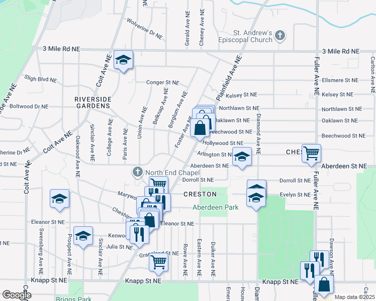 map of restaurants, bars, coffee shops, grocery stores, and more near 2351 Plainfield Avenue Northeast in Grand Rapids