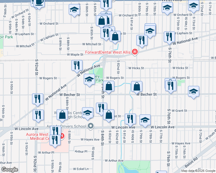 map of restaurants, bars, coffee shops, grocery stores, and more near 8330 West Becher Street in West Allis