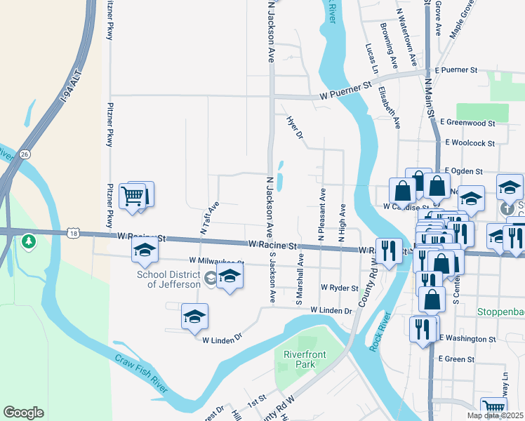 map of restaurants, bars, coffee shops, grocery stores, and more near 614 West Madison Street in Jefferson