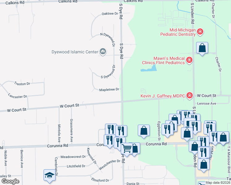 map of restaurants, bars, coffee shops, grocery stores, and more near 5294 West Court Street in Flint