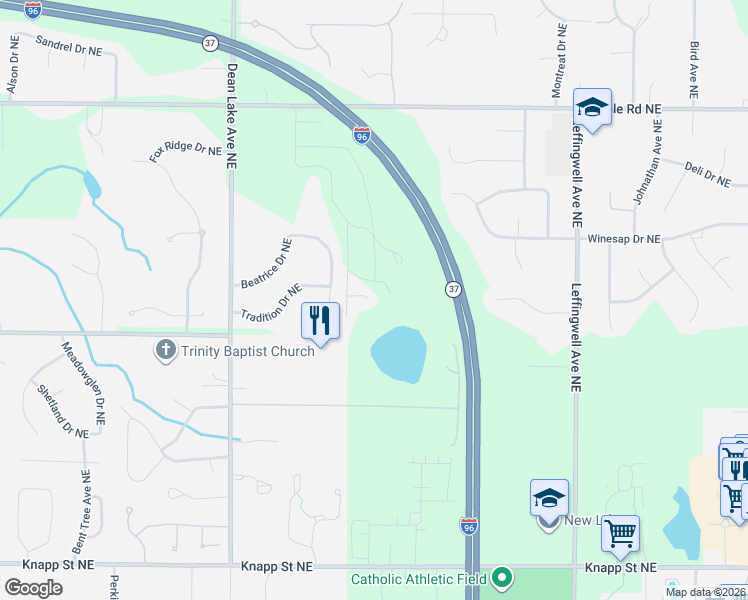 map of restaurants, bars, coffee shops, grocery stores, and more near 2424 Hylane Avenue Northeast in Grand Rapids