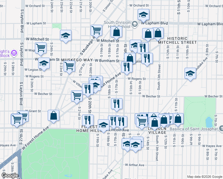 map of restaurants, bars, coffee shops, grocery stores, and more near 1701 West Becher Street in Milwaukee