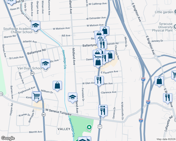 map of restaurants, bars, coffee shops, grocery stores, and more near 143 West Florence Avenue in Syracuse