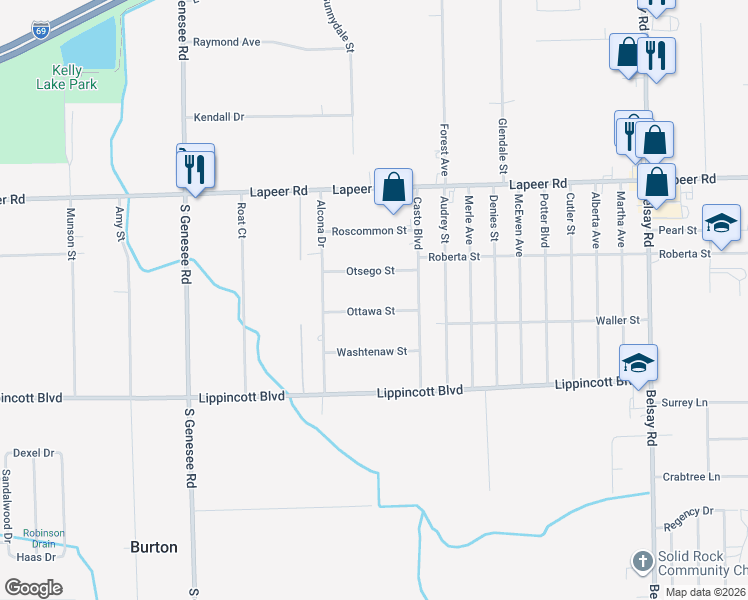 map of restaurants, bars, coffee shops, grocery stores, and more near 5216 Ottawa Street in Burton