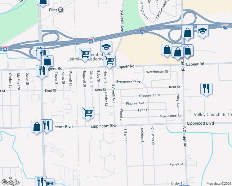 map of restaurants, bars, coffee shops, grocery stores, and more near 1934 South Averill Avenue in Flint