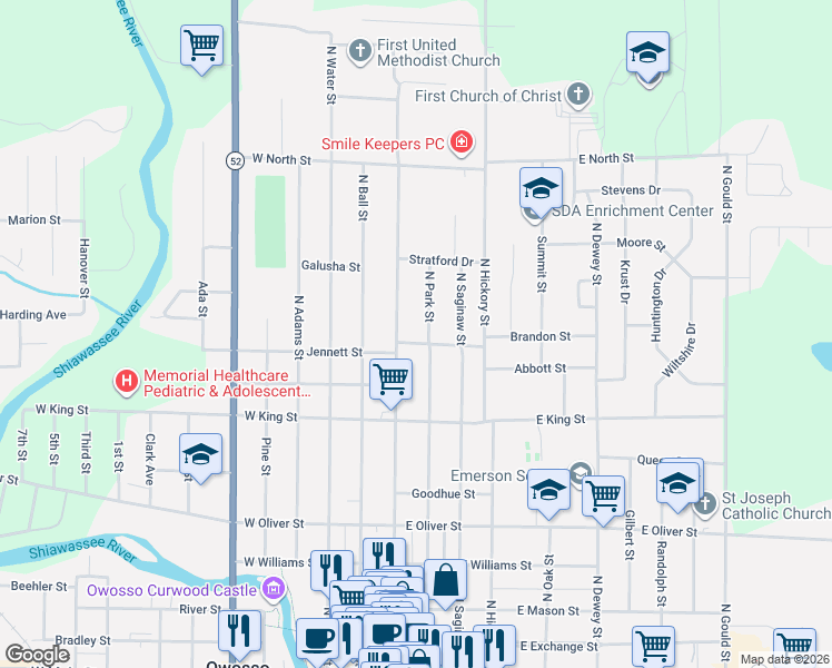 map of restaurants, bars, coffee shops, grocery stores, and more near 741 North Park Street in Owosso