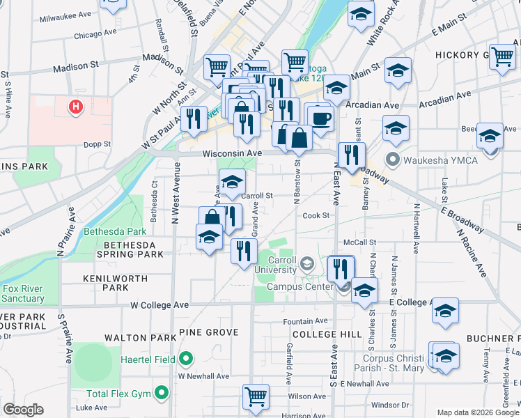 map of restaurants, bars, coffee shops, grocery stores, and more near 325 North Grand Avenue in Waukesha